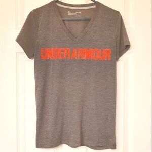 Under Armour Small Grey Orange HeatGear V-Neck Short Sleeve Athletic T-Shirt